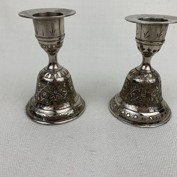 Vintage set of 2 Silver Candle stick‎ Holders ZY India World Gift Bell Shaped - Picture 6 of 10